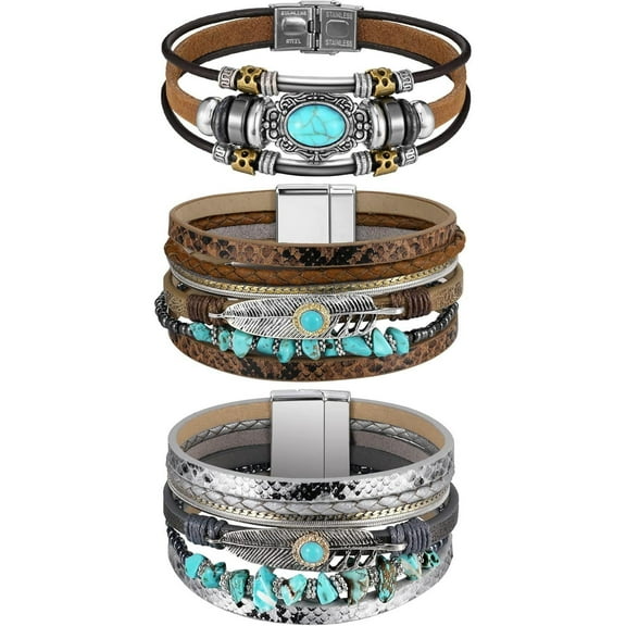 3 Pcs Turquoise Bracelet for Women Leather Bracelet Western Jewelry for Women Silver Bohemian Turquoise Cuff Bangle