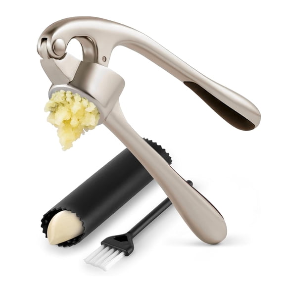 LushAMZ Kitchen Garlic Press Tools – Kitchen Essential & Dishwasher Safe – Garlic Mincer Kitchen Appliance, Easy to Squeeze, Handle & Clean – Silicone Garlic Peeler with Brush (Silver)
