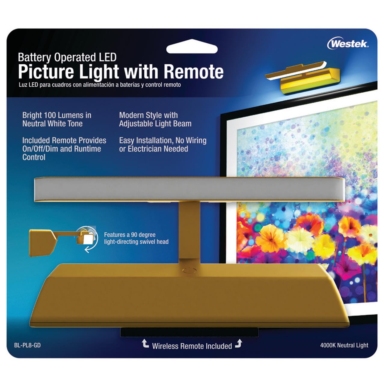 Westek 8 Inch LED Satin Gold Swivel Picture Light with Remote Control