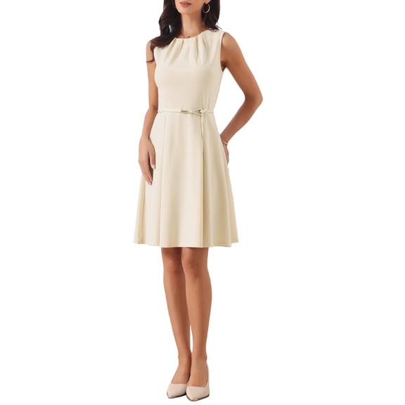 INSPIRE CHIC Work Dresses for Womens Sleeveless Elegant Pleated Neck Knee Length A-line Dress S Beige