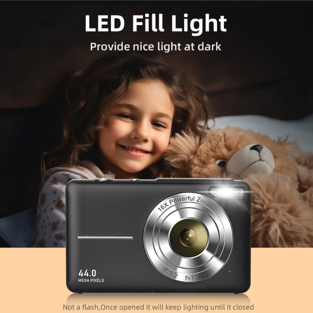 Digital Camera, FHD 1080P Kids Camera with 16X Zoom, 44MP Point and Shoot, 32GB Card, Anti-Shake, Compact Portable Camera for Boys Girls Students（Black）