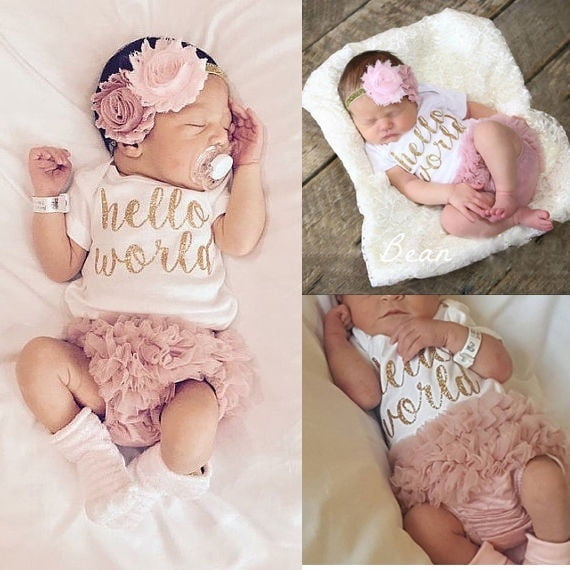 3Pc Toddler Newborn Infant Baby Girls Clothes Hello World Clothes Outfit  Set 