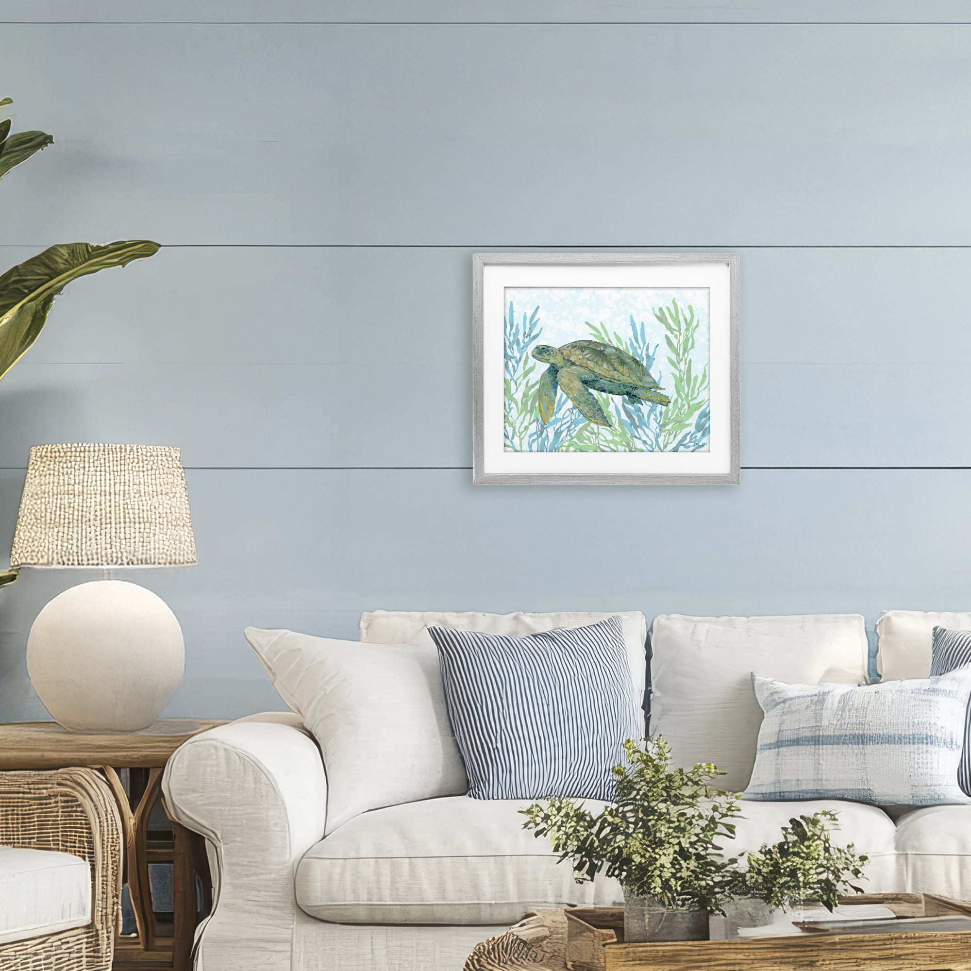Stupell Industries Tasman Turtle in Seagrass Gray Framed Print Under Glass, design by Paul Brent