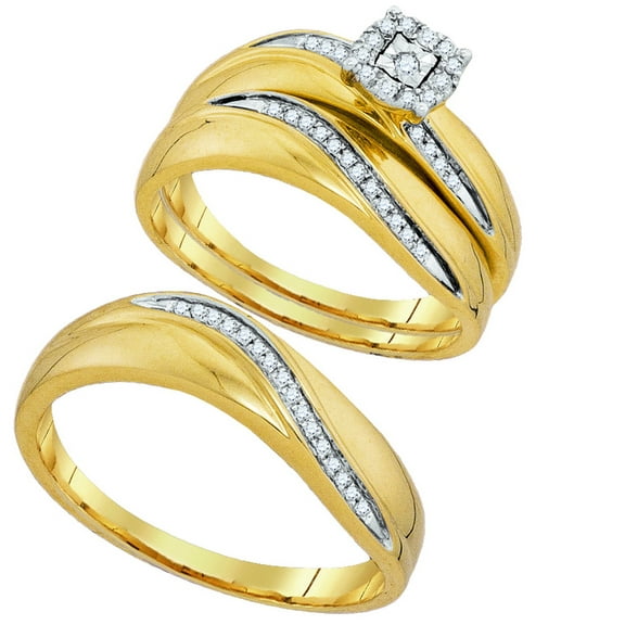 10kt Yellow Gold His & Hers Round Diamond Solitaire Matching Bridal Wedding Ring Band Set 1/5 Cttw