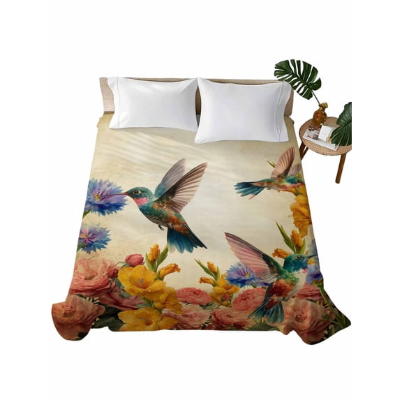 Twin Flat Sheet 66"x96", Vintage Hummingbirds Soft Lightweight Bedding Flat Sheets Only, Spring Farmhouse Country Flowers Brushed Microfiber Top Bed Sheet, Breathable StainResistant Bedsheets