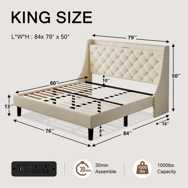 AENKYO King Size Platform Bed with Fast Charging Station, Storage Wingback Headboard, No Box Spring Needed, Beige