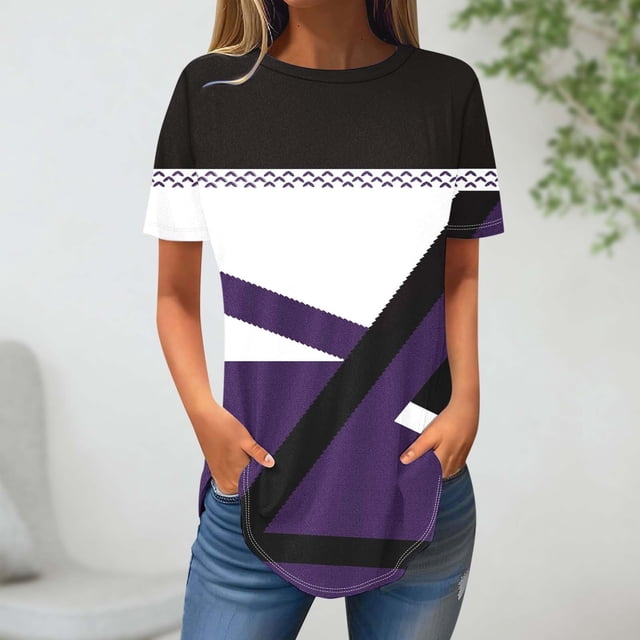 Blouses pour Femmes, T-Shirt à Col Rond Imprimé Patchwork Mode pour Femmes, Manches Courtes Amples
