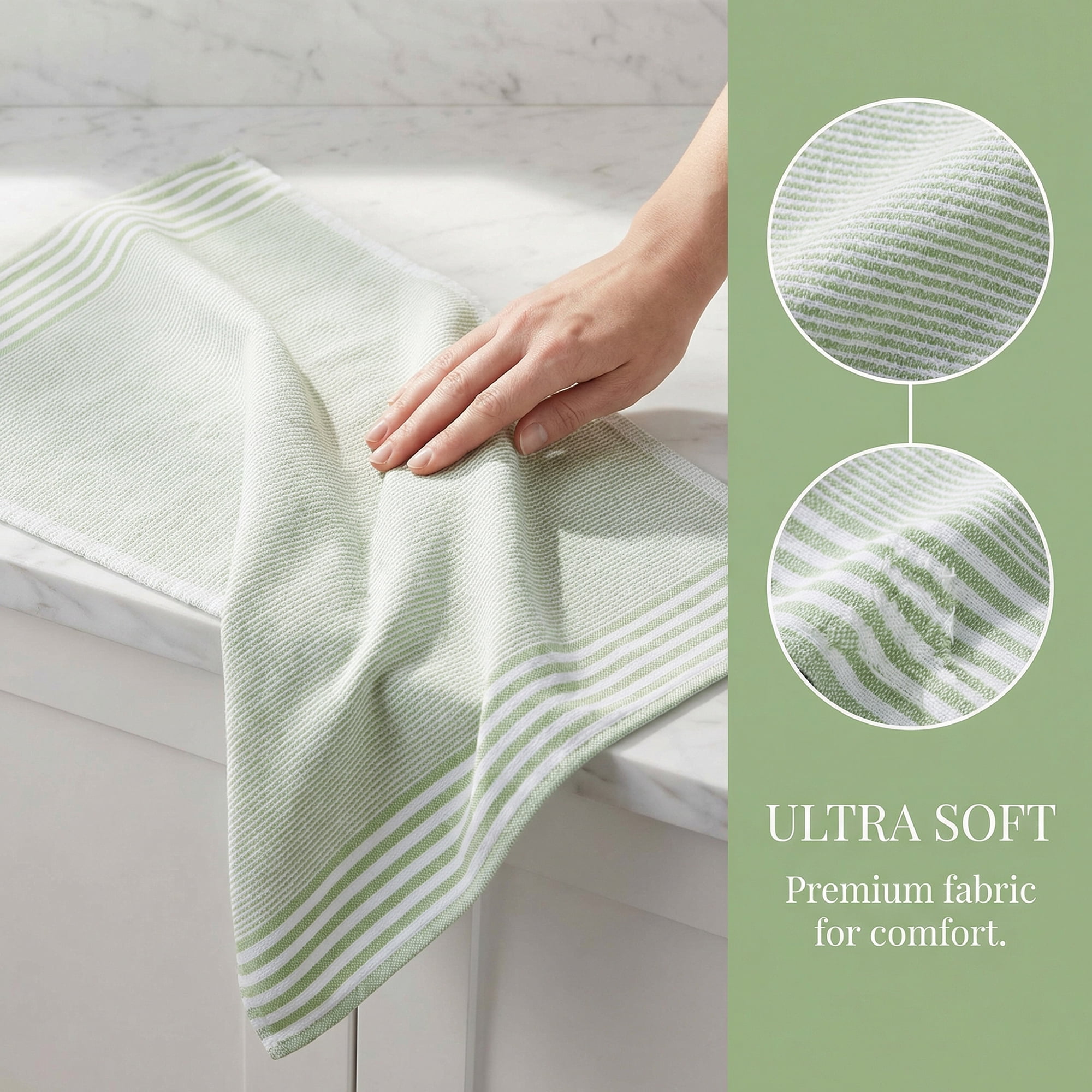 Unique Bargains 100% Cotton Striped Quick Dry Kitchen Towels Khaki 4 Pack Green 26" x 18"