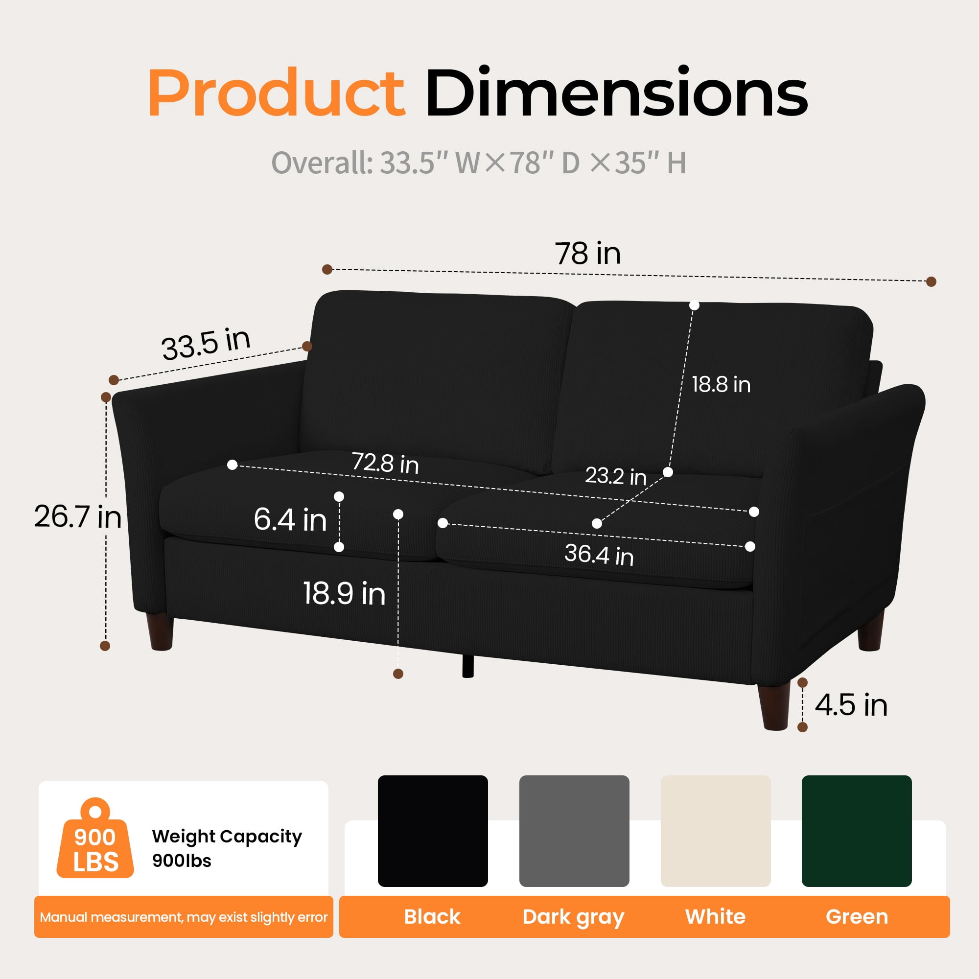 Poshby 79.1'' Comfy Couches Corduroy Sofas Loveseat 3-Seater with Side Pocket for Living Room, Black