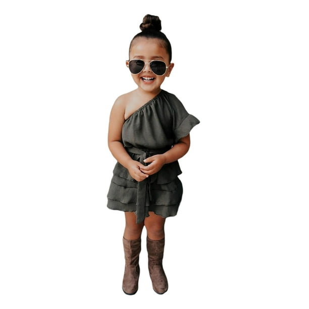 Emmababy Emmababy Little Girls Summer Short Sleeve One Shoulder Belted Dress Walmart Com Walmart Com