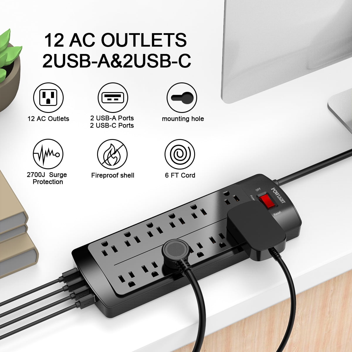 Surge Protector Power Strip with 12 AC Outlets, 4 USB Charging Ports (2 USB-C), 2700J Surge Protection, 6ft Extension Cord (1875W/15A) for Home and Office Use