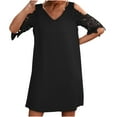 thumbnail image 2 of Zpanxa Summer Dresses for Women Fashion Casual V-Neck Solid Summer Lace Short Sleeve Mini Dress Black XL, 2 of 8