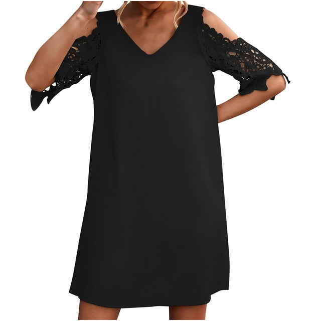 EQWLJWE Robes d'Été pour Femmes 2023 Mode Femmes Décontractée Aguichant Col en V Uni Dentelle Manches Courtes Mini Robe d'Été
