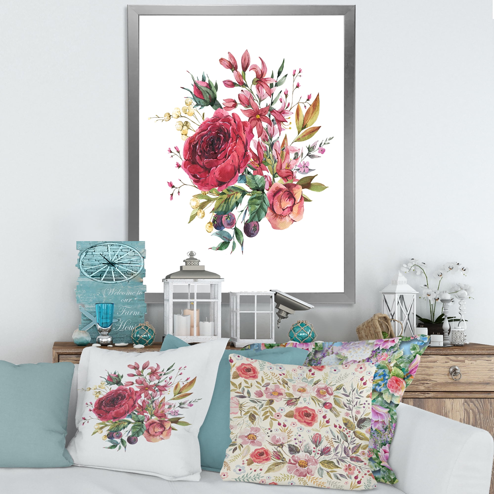 Designart 'Ancient Wildflowers and Burgundy Rose' Farmhouse Framed Art Print