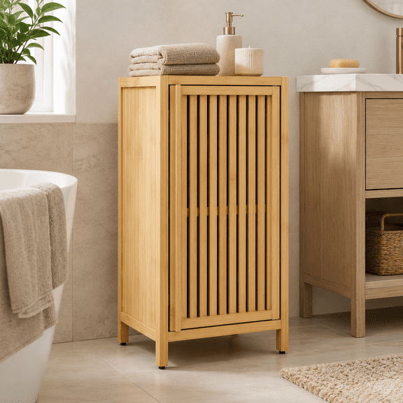 Bamboo Storage Cabinet, Freestanding Bathroom Floor Cabinet | Narrow Floor Storage Cabinet with Door & Shelf, Space Saving Organizer for Bathroom, Kitchen, Bedroom, Living Room & Hallway