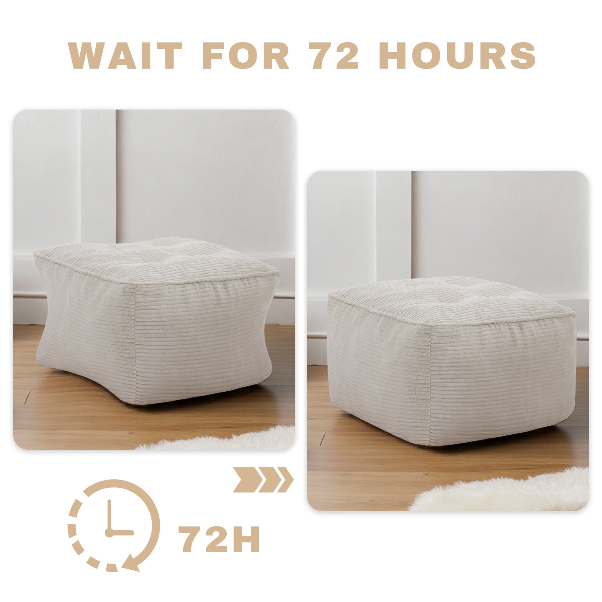 Square Pouf Ottoman Foot Rest, Soft Corduroy Pouf Foot Stool Cushion with Foam Chunk Filling, 26 x 26 x 13 Inch Floor Chair for Living Room, Bedroom & Home Decor,Beige