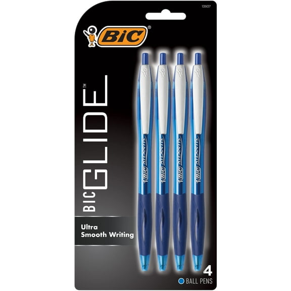 BIC Glide Retractable Ball Pen, Medium Point 1.0 mm, Blue, Comfortable Rubber Grip, 4-Count