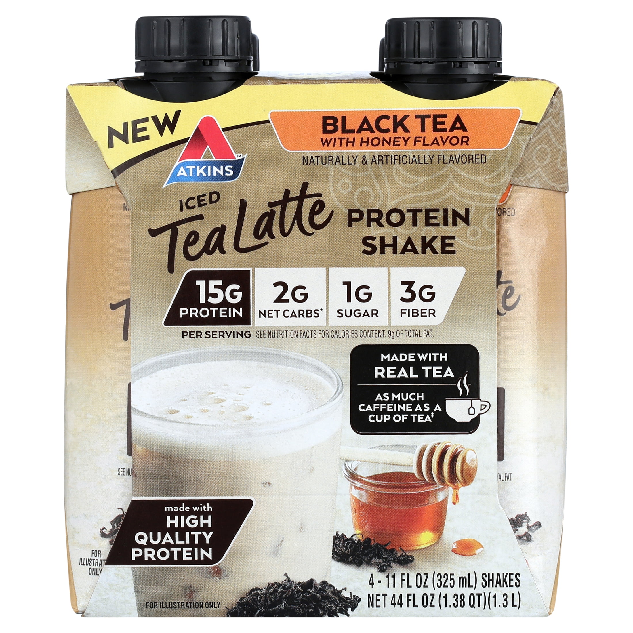 (6 pack) Atkins Black Tea with Honey flavored Protein Latte Shake, Ready to Drink, Made with Real Tea, Low Sugar, 4 Count