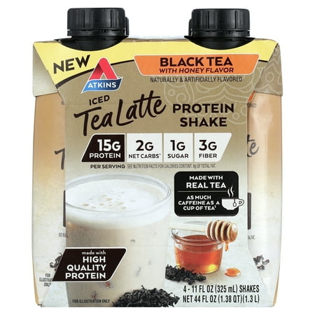Atkins Black Tea with Honey flavored Protein Latte Shake, Ready to Drink, Made with Real Tea, Low Sugar, 4 Count