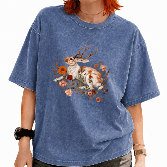 Mythical Antlered Rabbit Graphic Tee Vintage Washed Women's Summer Shirt