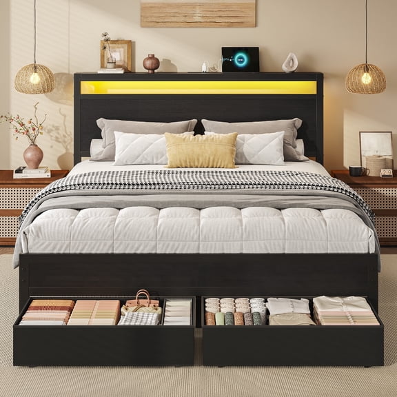 Queen Bed Frame with Headboard & Footboard, Bed Frame with Built-in Charging Station & LED Light, 2 Drawers, Storage Shelf, Noise-Free, No Box Spring Needed, Easy Assembly, Classic Black