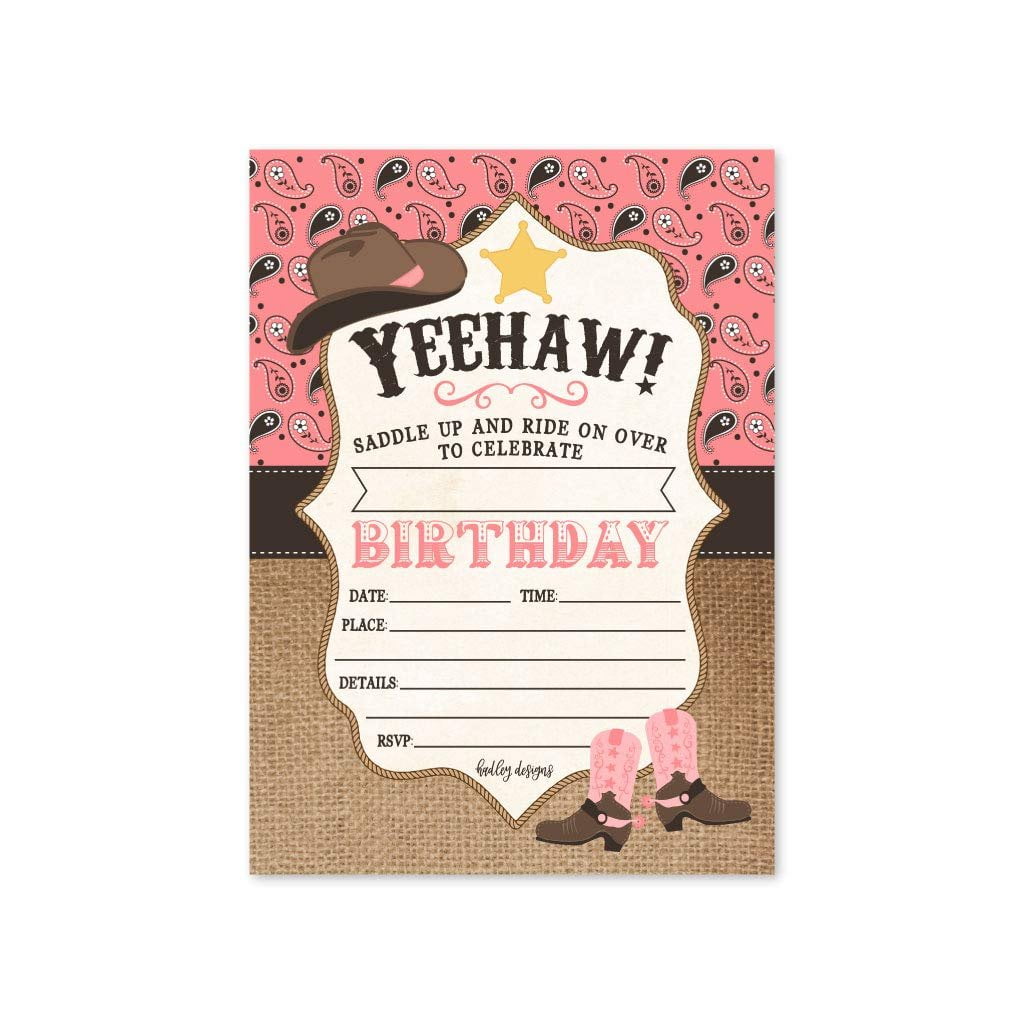 25 Pink Cowgirl Kids Birthday Or Slumber Party Invitations Girl 