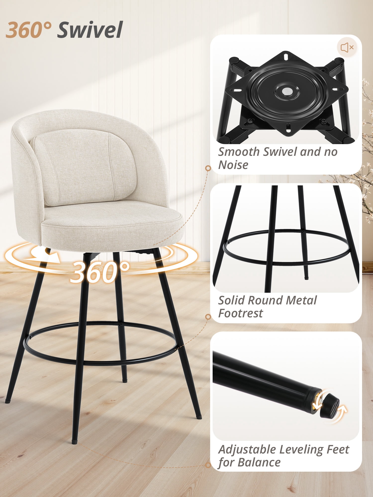 Carolayne 26.5" Swivel Bar Stools Set of 2, Modern Fabric Counter Height Bar stools with Back & Removable Cushion for Kitchen Island, Linen Color