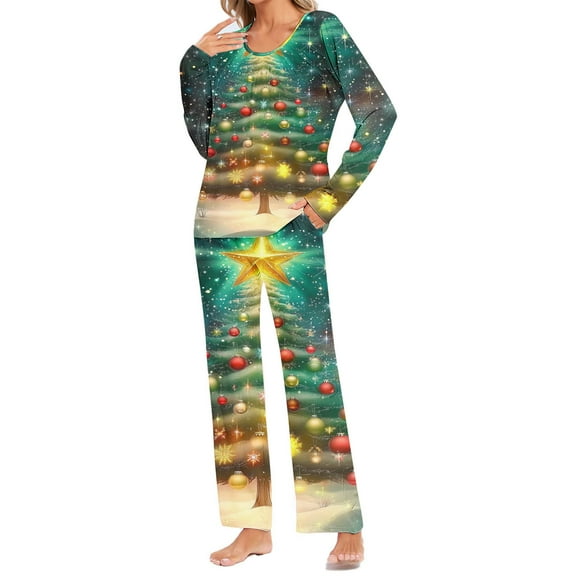 asdoklhq Bamboo Pajamas for Women Ladies' Christmas Printed Round Neck Pocket Top Pants Home Clothes Pajamas Set Green 2X