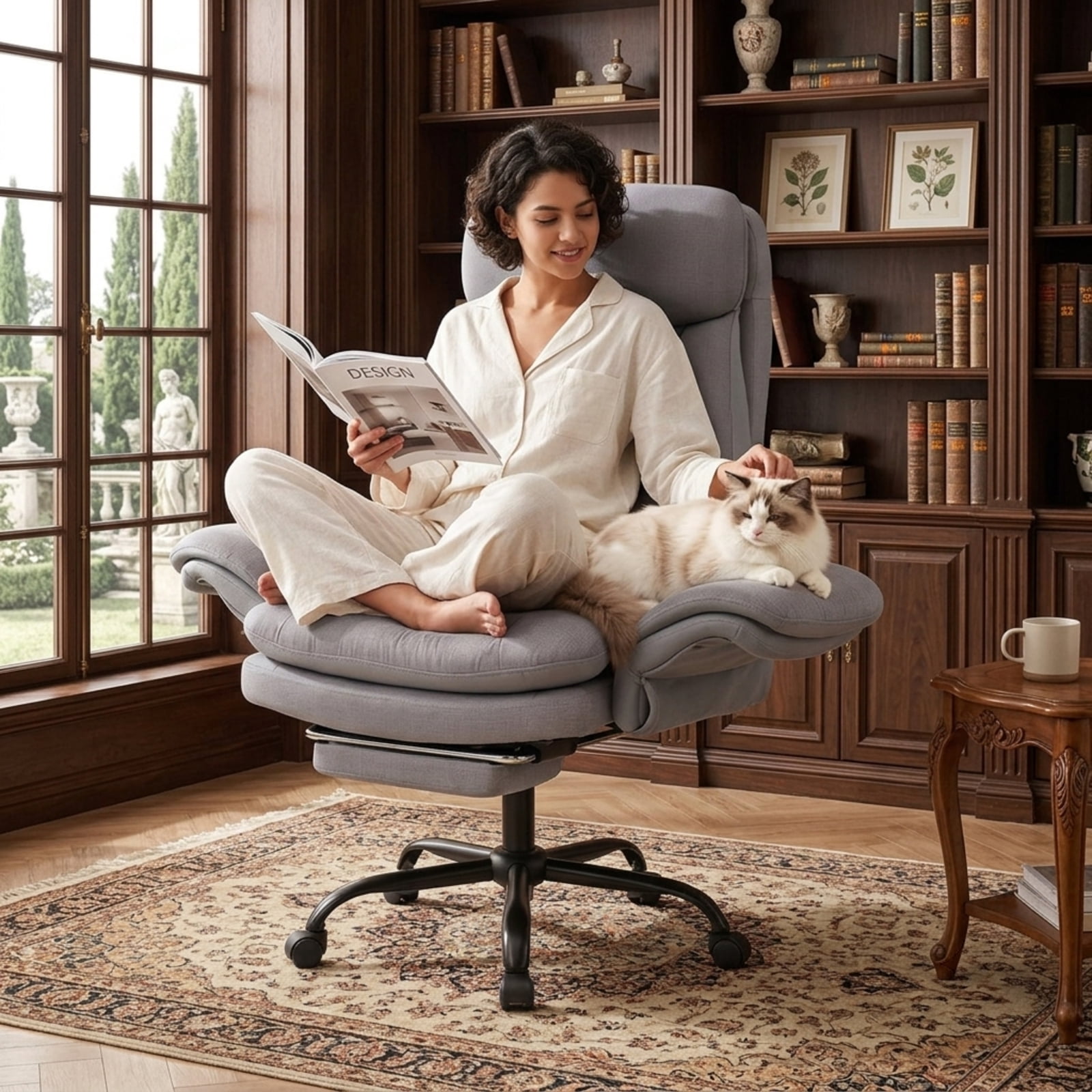Furnibear Big and Tall Ergonomic Office Chair 400 lbs High Back Wide Linen Computer Chair with Retractable Footrest, Gray