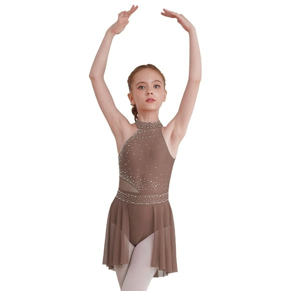 Yeahdor Kids Girls Lyrical Contemporary Modern Dance Costume Sleeveless Hater Ballet Leotard Figure Ice Skating Dress Dusty Pink 16