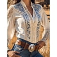 thumbnail image 3 of Women Retro Western Patchwork Blouse with Stand Collar Lace Up and Sheer Lace Long Sleeves, 3 of 3