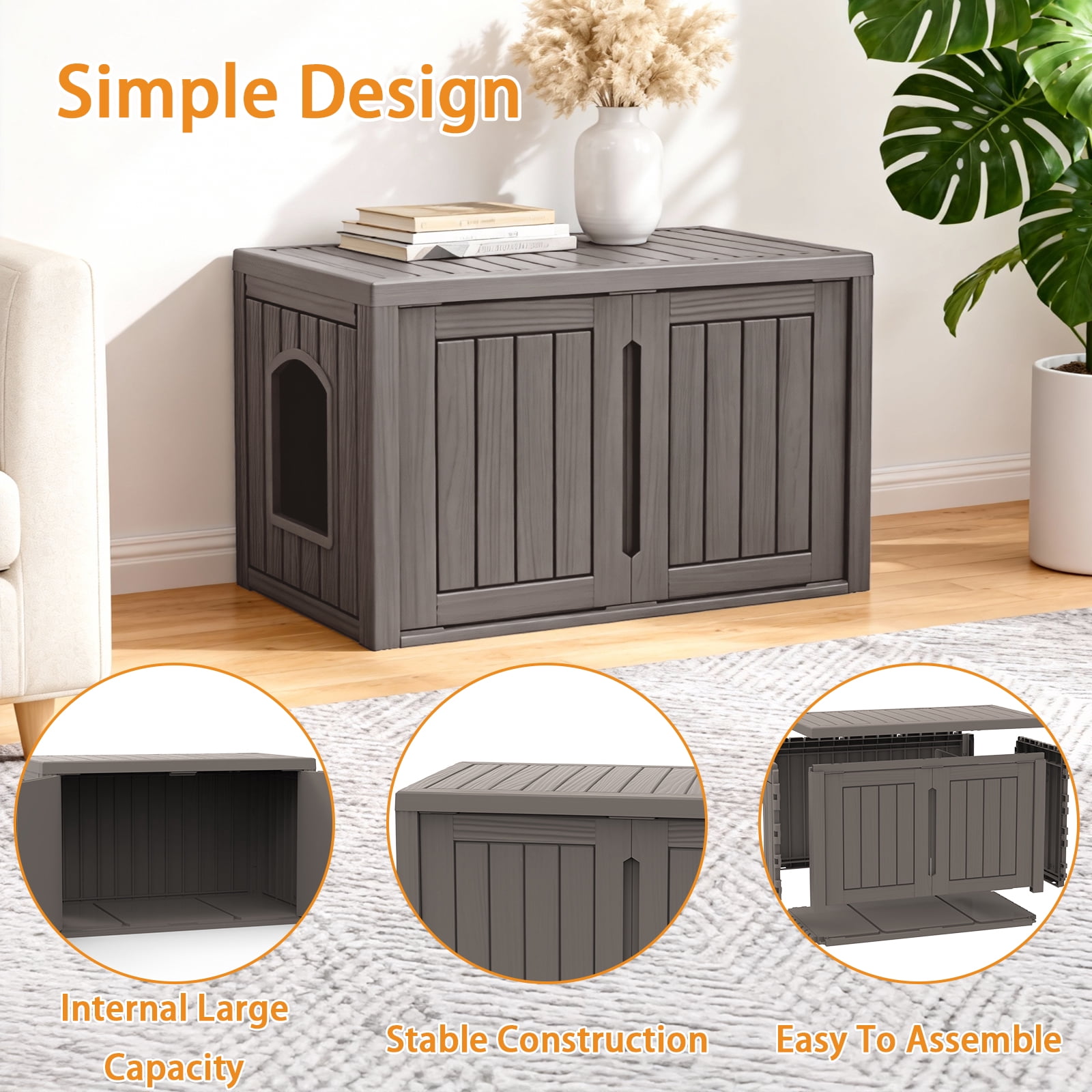Joxxoaa Waterproof Outdoor Cat House, Weatherproof Plastic Cat Shelter with Double Doors, Enclosed Cat Litter Box Enclosure for Indoor Outdoor Use(Brown)