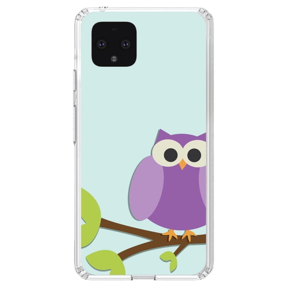 DistinctInk Clear Shockproof Hybrid Case for Google Pixel 4 (5.7" Screen) - TPU Bumper, Acrylic Back, Tempered Glass Screen Protector - Purple Owl Cartoon - Cartoon Owls