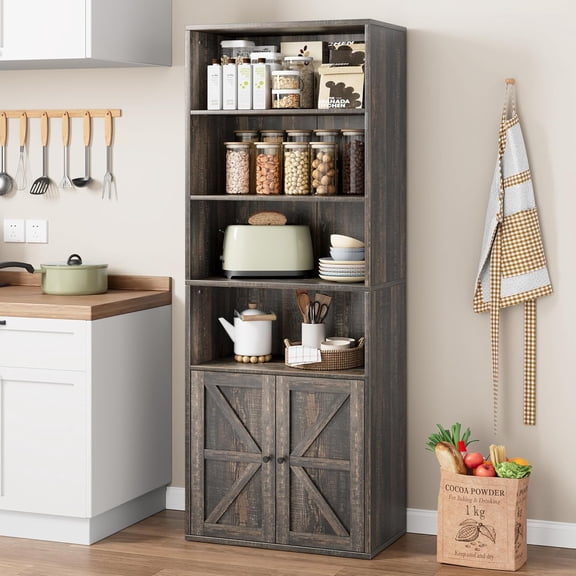 Dark oak Farmhouse Bookcase with Doors Deep Storage Cabinet and 4 Open Shelves White Engineered Wood L Shape Brown