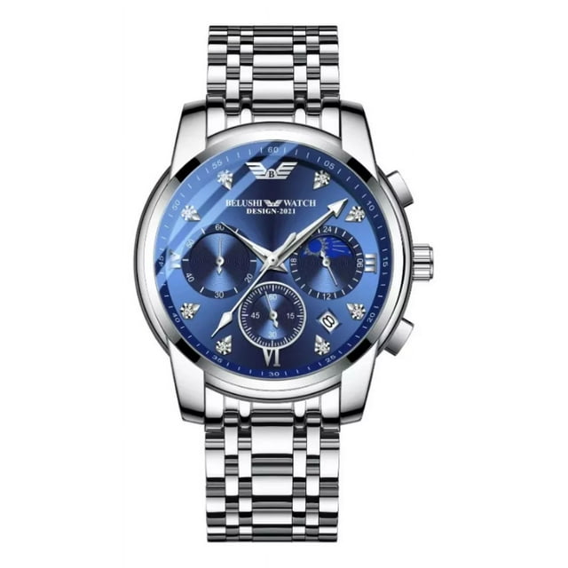 belushi bw-573 reloj de cuarzo luminoso con fase lunar impermeable color del fondo azul reloj de hombre, vista frontal centrada; esfera azul metalizada, caja y correa de acero inoxidable plateado, tres subesferas cronógrafo, indicador de fase lunar a las 3, manecillas luminiscentes y marcadores aplicados tipo romano y diamante. Su tamaño compacto lo hace apto también para uso como reloj de pulsera diario o para ocasiones formales.