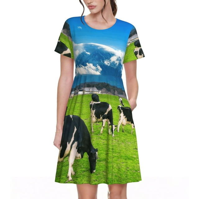 Disketp Grazing Cows Mountain View para Vestido de Manga Corta para Mujeres, Vestidos de Verano para Mujeres, Casual y Holgado para la Playa
