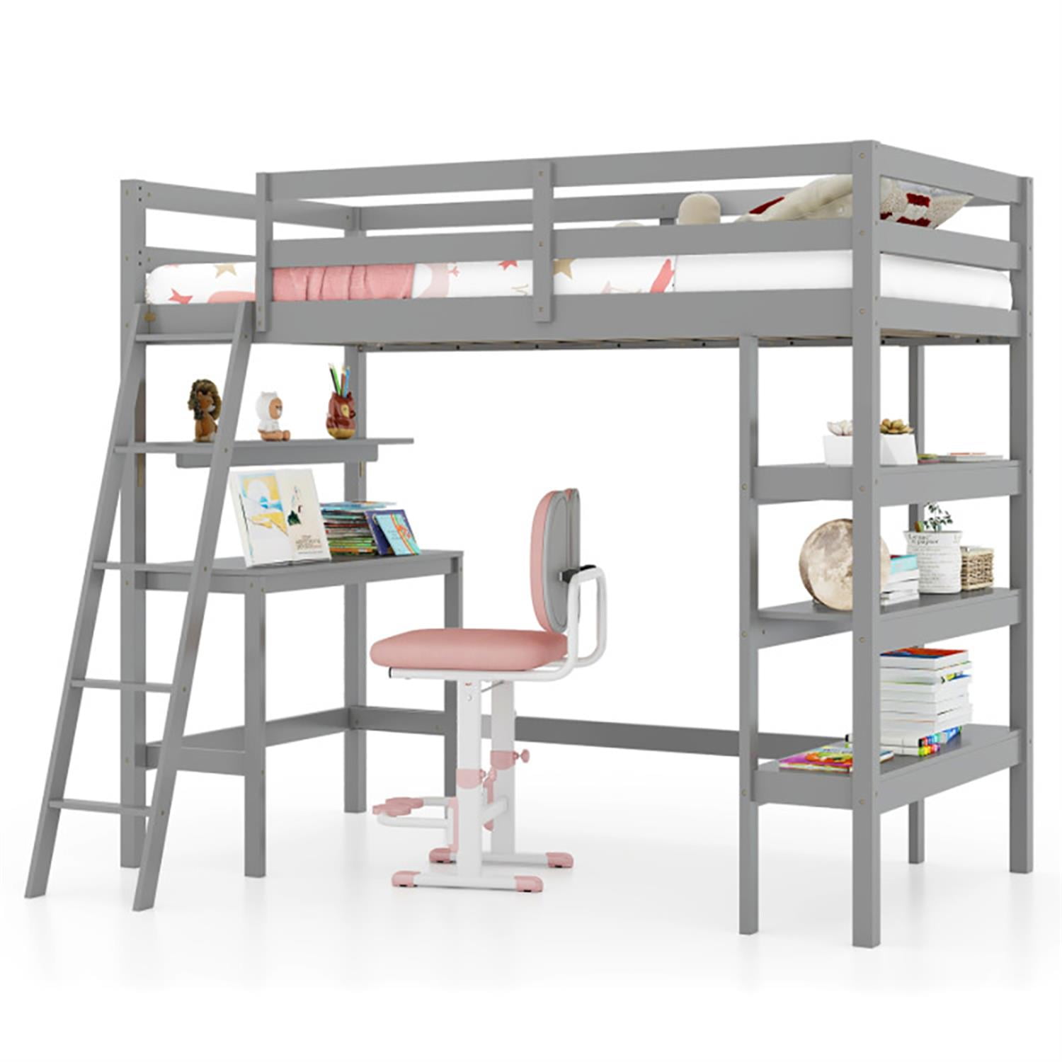 Demi Bonn Loft Bed Twin Size, Solid Wood Loft Bed with Desk and Bookshelves, Modern Wooden Bed Frame for Teens, Gray
