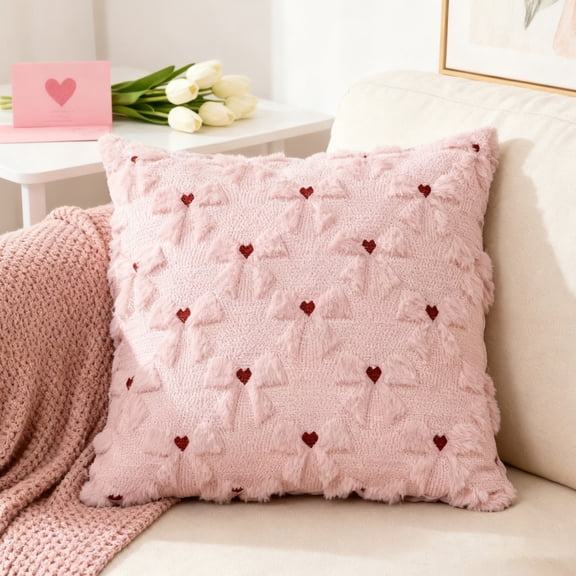 SeekLGT 3D Love Bow Pillowcases 2 Pack Soft Plush Bow Shaped Pillow Cover Pink Pearl White for Romantic Bedroom Sweet Dreams Decor