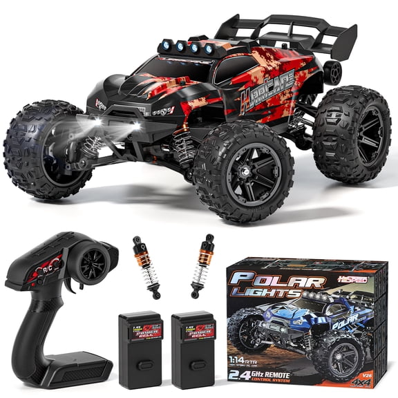 Remote Control Car for Adults & Kids, 1:14 Scale 4WD RC Truck, 40KM/H High Speed Monster Truck, All Terrain Off Road RC Car with Dual Battery, LED Lights, IPX4 Waterproof, Metal Drive Shaft