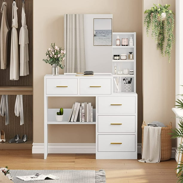 Makeup Vanity Table with Sliding Mirror & Drawers, Modern Dressing Desk