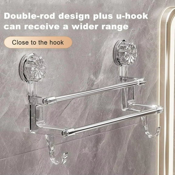 A No-Drill Bathroom Storage Solution, 2-Tier Towel Bar with 2 Hooks,A Luxurious Towel Rack - Retractable And Rotatable Corner Hanger with Suction Cup for Easy Installation