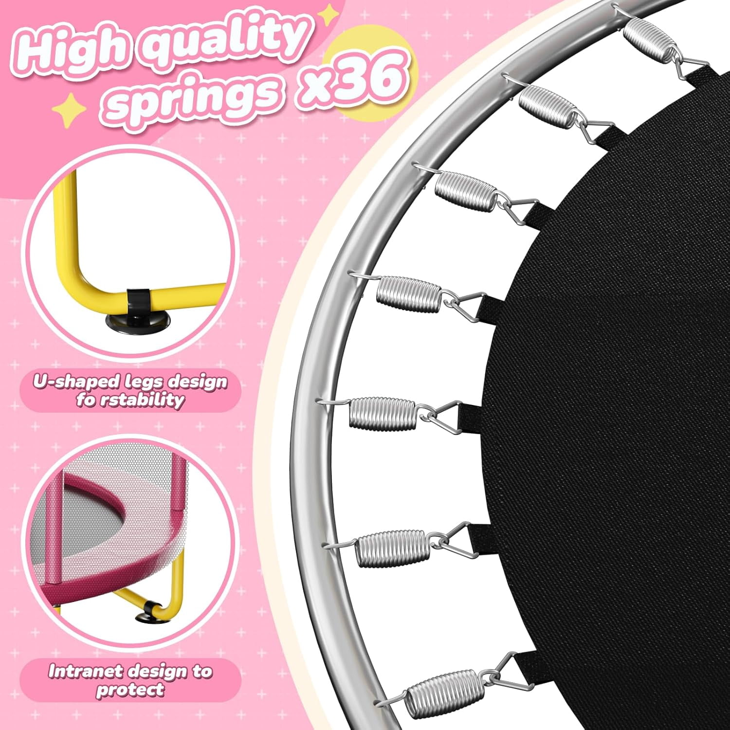72-Inch Mini Indoor/Outdoor Trampoline For Toddlers, equipped with safety net, basketball hoop, and dartboard. Ideal as a gift for boys, girls, and infants.Pink