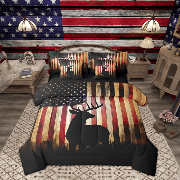 Manfei Retro American Flag Twin Bedding Sets 7-Piece, Jungle Deer Elk Print Bedding Comforter Set, Rustic Farmhouse Animal Reversible Sheet Sets, Breathable Home Decor