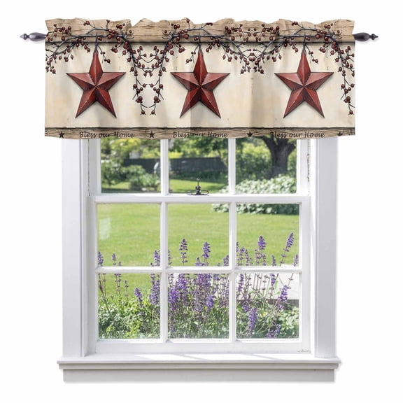 Farmhouse American Valances for Windows, Country Star Berries Vintage Wood Grain Valance Window Treatment Rod Pocket Short Curtains Valances for Kitchen Bathroom 60"W x 14"L