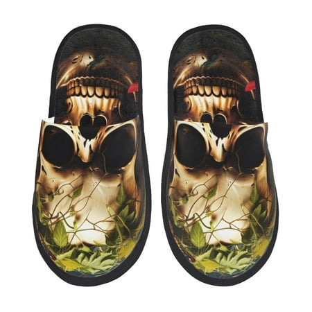 Balery Butterfly Flower Plant Skull Slient Indoor Furry Fleece Comfort House Shoes Soft Non-Slip Home Shoes Cotton slippers House Slippers-- Medium