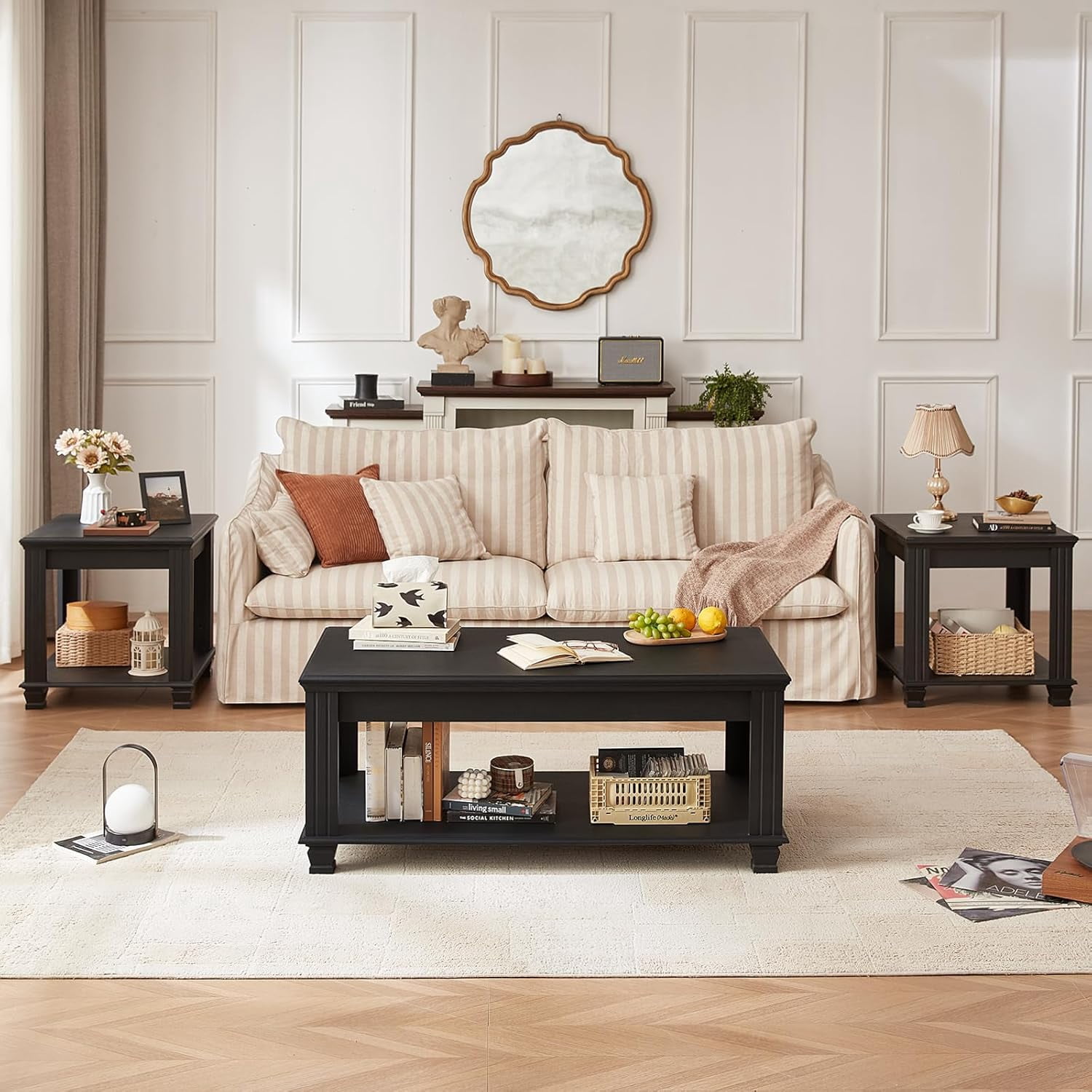 LELELINKY Wood 3-Piece Table Sets Includes TV Stand, Coffee Table, and 2 End Tables Home Accent Furniture for Living Room, Black