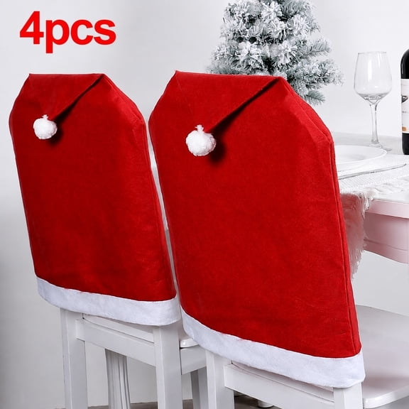 4 Pack Red Non-Woven Santa Hat Chair Back Covers, Holiday Party Decoration with White Fur Trim & Pom-Pom, Dining Seat Cover for Festive Table