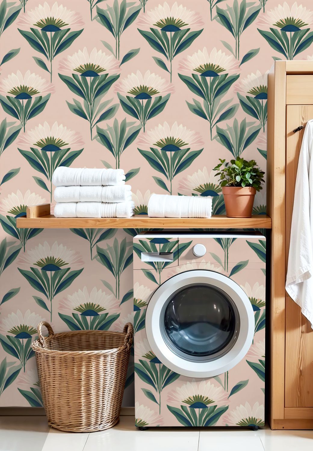 Vintage Peel and Stick Wallpaper Floral White Daisies Green Leaves Soft Pink Wall Mural 17.7in x 9.8ft Self Adhesive Removable Wall Paper Renter Friendly Wallpaper for Nursery Bedroom Cabinets