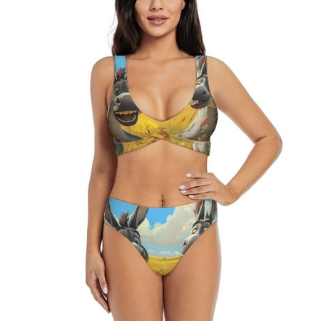 Zeuib Funny Countryside Donkey High Waisted Tummy Control Bikini Set - Knot Front Push Up Top & Cheeky Thong Bottom  Two-Piece Swimsuit for Women-X-Large