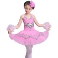 thumbnail image 1 of Umfun - Vestido de ballet con falda para niña, vestido de lentejuelas brillantes, vestido de bailarina de encaje con diseño de lago de los cisnes, vestido para competición, color rosa 140, 1 of 5
